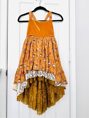 Girls Fairycore Whimsygoth Fall Mustard Yellow Floral High Low Dress size 8